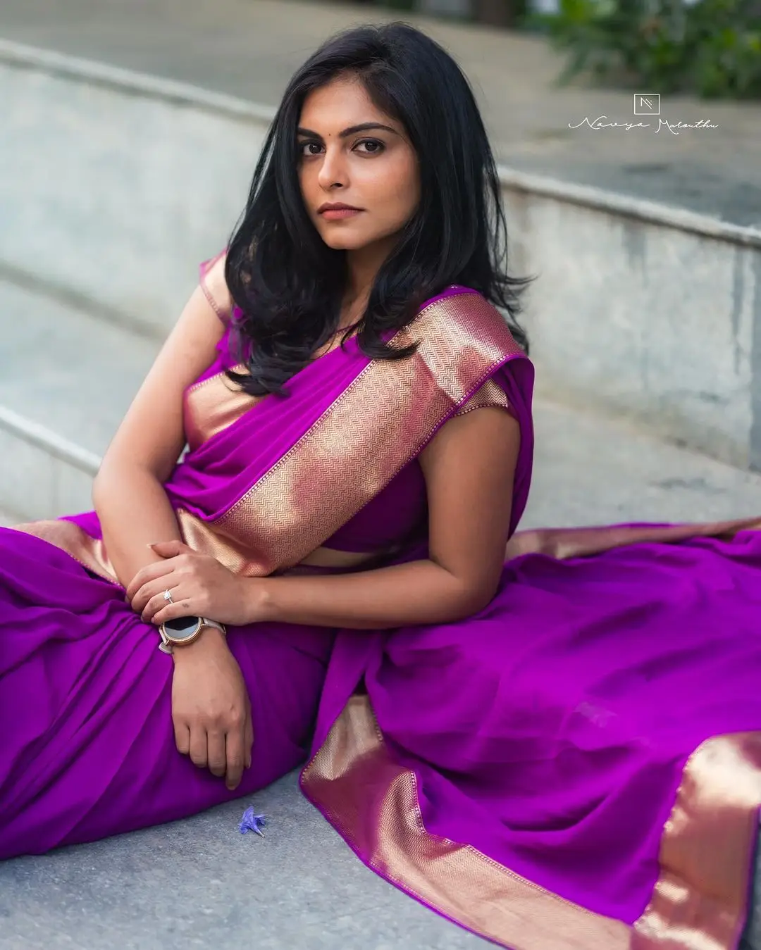 Maa TV Actress Mounika Reddy Wearing Violet Saree Blouse